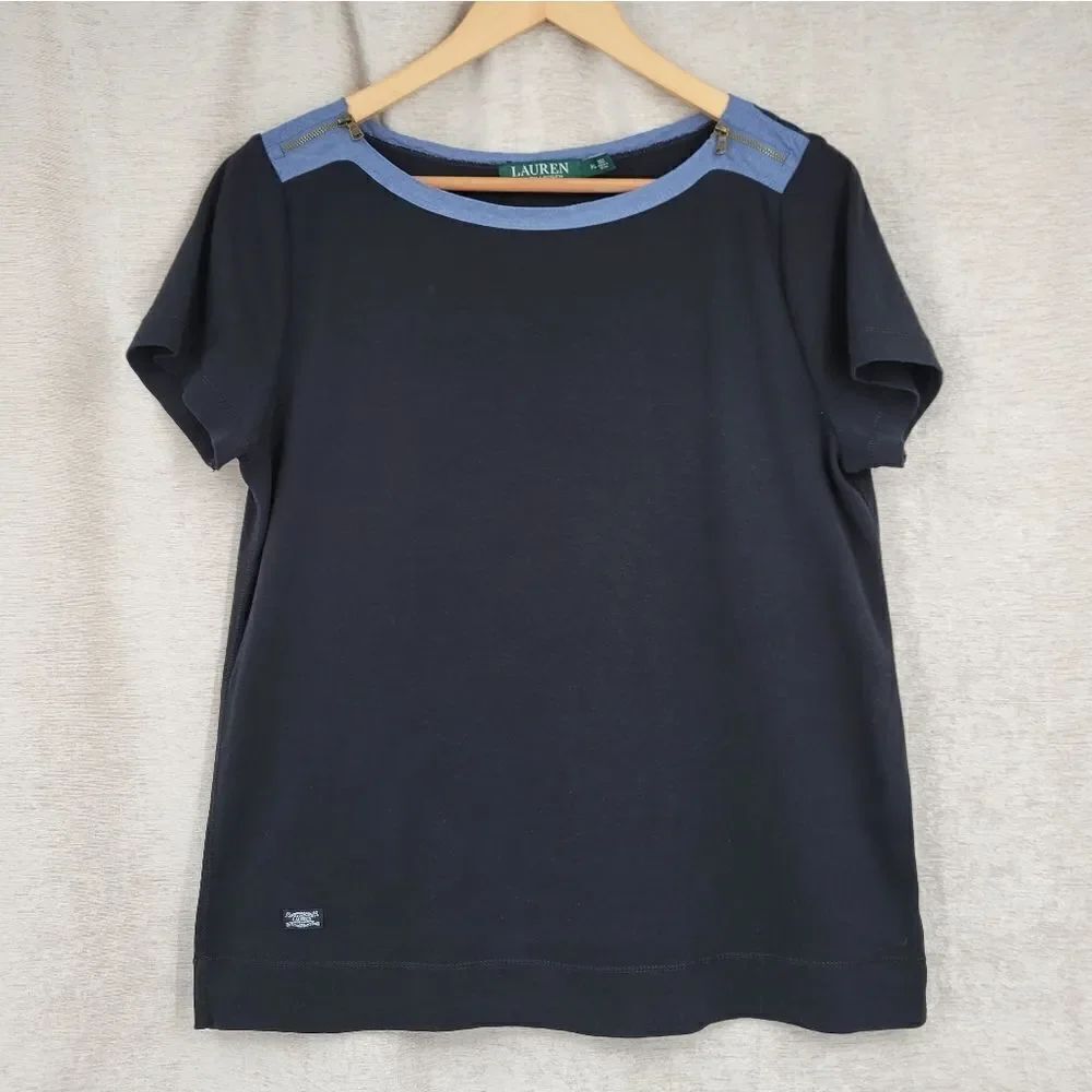 Lauren Ralph Lauren Y2K Short Sleeve Tee T-shirt with Denim Contrast and Zippers